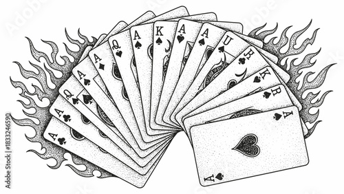 Black and white illustration of a fan of playing cards, all spades, surrounded by stylized flames, depicting a fiery card game theme.