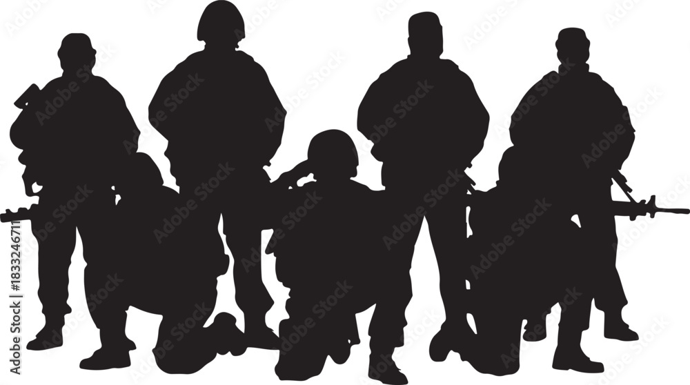 Fototapeta premium Silhouette of six soldiers in various stances with rifles on a white background military army