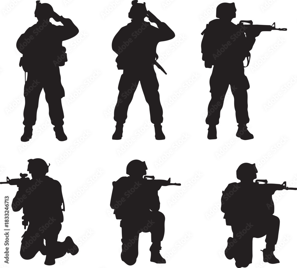 Naklejka premium Six silhouettes of soldiers in different poses with rifles on a white background military army