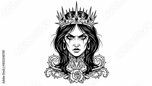 Illustration of a woman with a crown, dark makeup, and intricate floral details, conveying a powerful and gothic aesthetic.