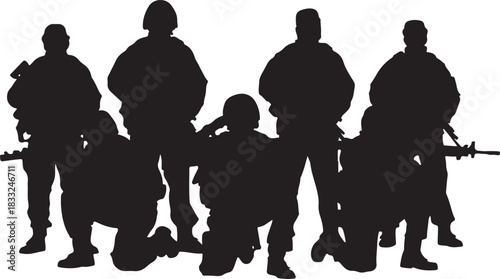 Silhouette of six soldiers in various stances with rifles on a white background military army