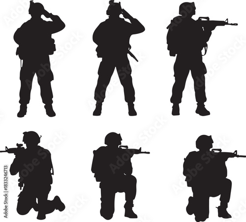 Six silhouettes of soldiers in different poses with rifles on a white background military army