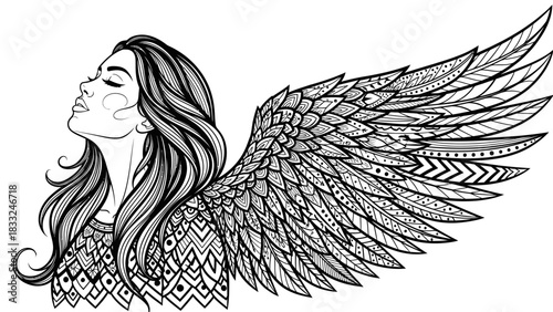 Detailed line art illustration of a woman with an intricate angel wing, head tilted back in a serene pose.