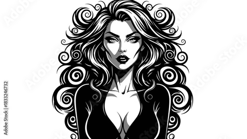 Striking black and white illustration of a mysterious woman with voluminous curly hair and an intense gaze.