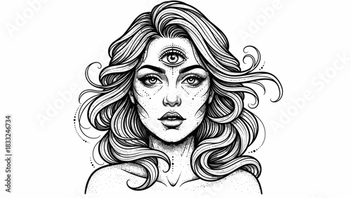 Detailed line art illustration of a mystical woman with a third eye and flowing hair, embodying spiritual and occult symbolism.
