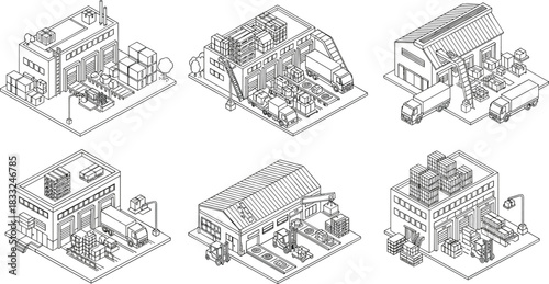 Isometric warehouse logistics illustration, industrial storage buildings, distribution hubs, cargo loading docks, supply chain transport, delivery trucks, freight management facilities