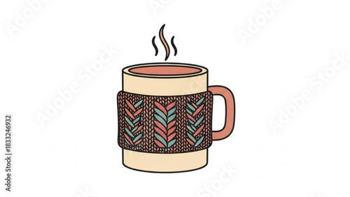 Cozy beverage in a mug with a knitted sleeve and rising steam perfect for winter or autumn themes isolated on white