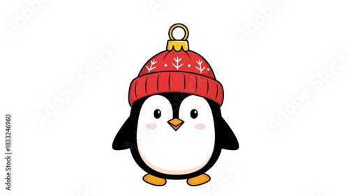 Cute cartoon penguin wearing a red knitted hat with snowflake pattern and a gold loop for hanging as a christmas ornament or decoration