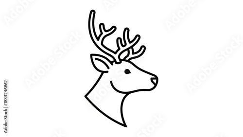 A simple charming black and white line drawing of a deer s head with antlers smiling and looking to the right on a clean white background