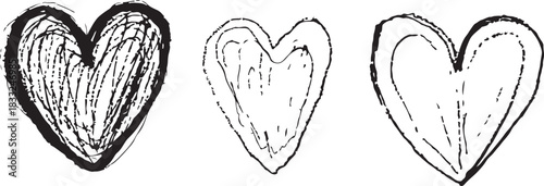 Three Textured Hearts in Black on a White Background displayed origin