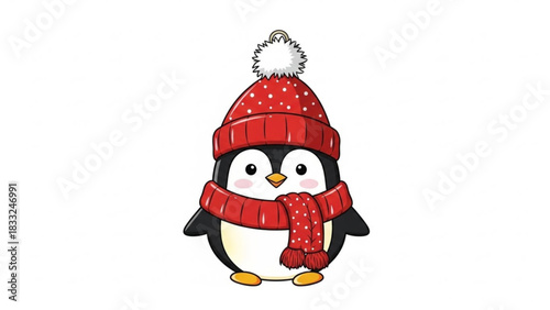 Cute cartoon penguin wearing a red polka dot winter hat with a fluffy pompom and a matching red polka dot scarf on a white background