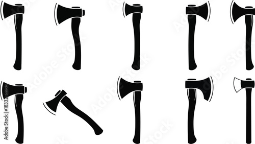 a collection of different black silhouette axes arranged in neat rows