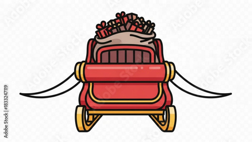 A festive red santa sleigh overflowing with wrapped christmas presents and tied with ribbons ready for holiday delivery