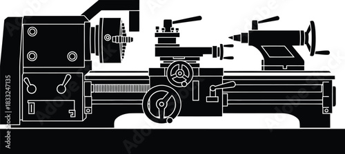 A black and white illustration of a metal lathe machine
