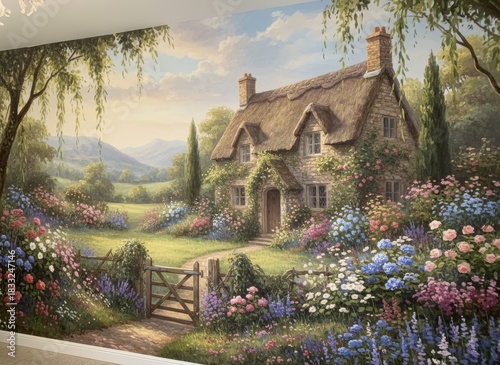 Charming Cottagecore Dreamscape: A Thatched Roof Cottage Surrounded by a Lush Garden and Rolling Hills in a Watercolor Painting.
