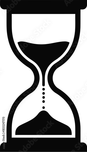 Simple black and white illustration of a classic hourglass with sand