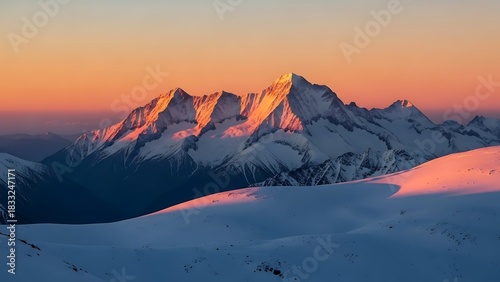 Snow-Capped Mountains at Sunset - A Majestic Winter Landscape.