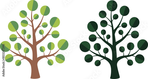 Stylized tree duo with contrasting color palettes and circular foliage for nature-themed design, mood illustration, and educational use.