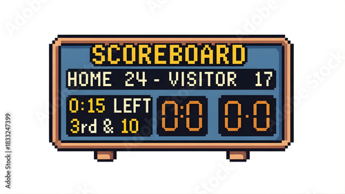 Pixelated retro sports scoreboard displaying home 24 visitor 17 with 015 left and 3rd & 10 down