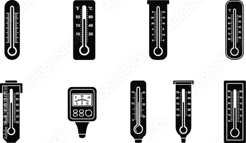Black and white illustrations depicting various types of thermometers and temperature gauges
