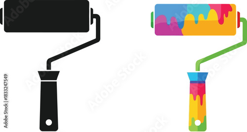 Paint roller illustration a black outline and a colorful painted version