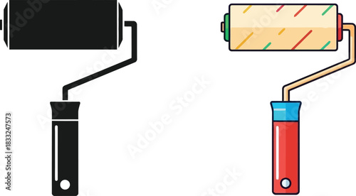 Two paint rollers depicted in contrasting styles flat and colorful