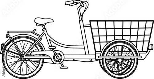 A simple line drawing of a vintage tricycle with a large front basket