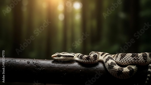 Snake basking in sunlight on a dark branch in the forest.