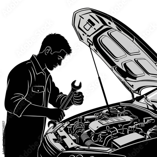 Mechanic working on car engine with wrench.