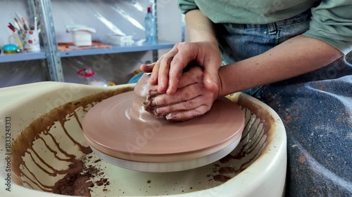 A person shaping clay on a pottery wheel, focusing intently on creating a ceramic piece with skillful hands.