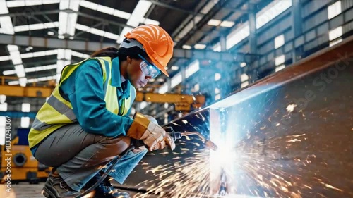 Female welder in safety gear performing arc welding in factory