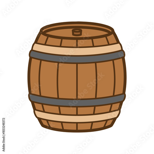 Wooden Barrel With Metal Bands Simple Flat Vector Art Minimalist Clean Sticker Style 2D Isolated On Black Background