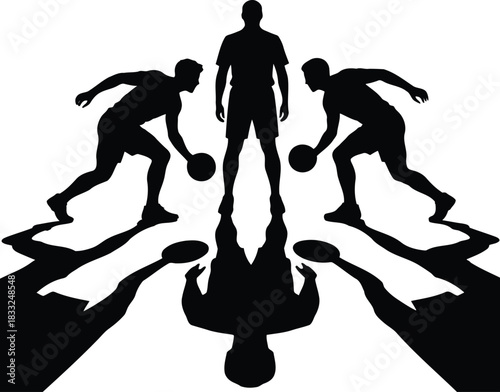 Dynamic Action Athletes with Balls Cast Long Shadows in Silhouette