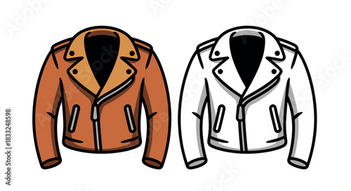 A brown leather motorcycle jacket and a white leather motorcycle jacket are shown side-by-side against a white background.