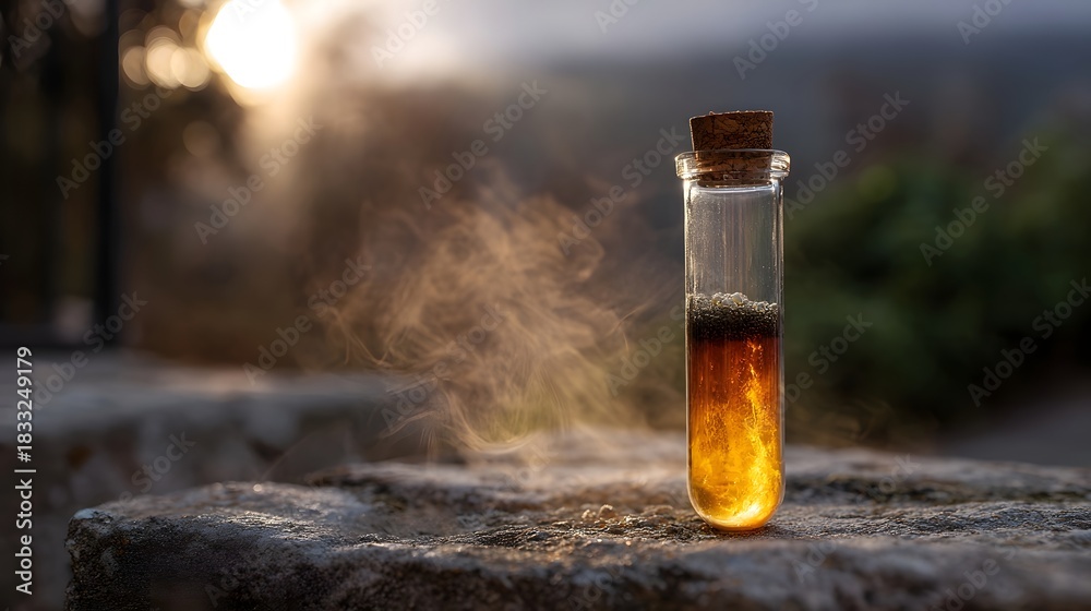 Naklejka premium A test tube containing a glowing dark liquid with swirling mist set against a golden hour background