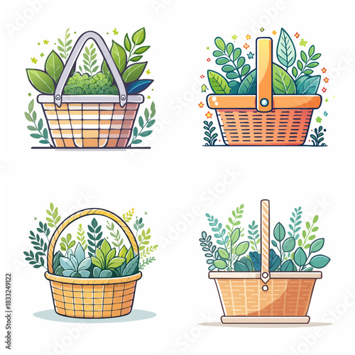 Illustrated baskets filled with greenery vector graphic designs featuring picnic baskets with foliage leaves and botanical elements