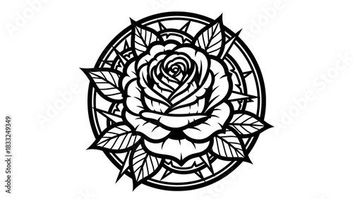 Stylized black and white illustration of a blooming rose with detailed petals and leaves, centered within a circular ornamental design featuring sharp, thorn-like elements.