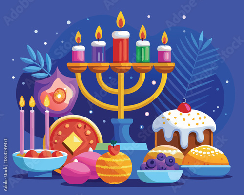 Festive hanukkah celebration with menorah candles treats and decorations in vibrant colors