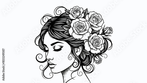 Detailed black and white line art illustration of a woman's profile with closed eyes and intricate roses in her hair, depicting beauty and serenity.