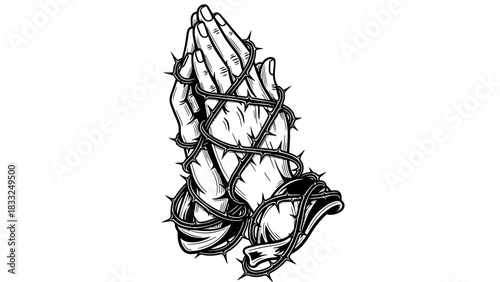 Praying hands entangled in a thorny vine, depicted in a detailed black and white illustration.