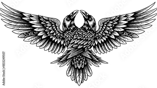 Detailed black and white illustration of two symmetrical ravens with outstretched wings, facing inwards, in an artistic style.
