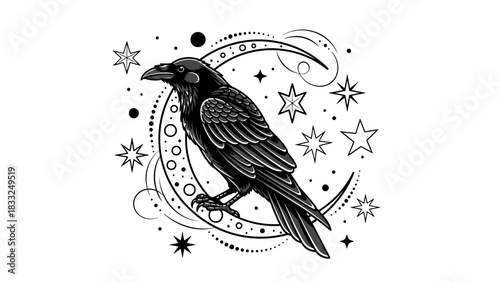 Mystical black raven perched on a crescent moon with celestial stars and dots, a detailed monochrome illustration.