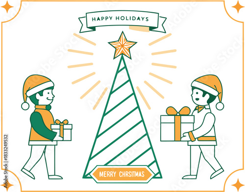 Festive holiday season celebration with gift givers and christmas tree