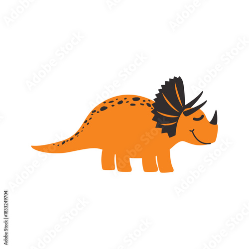 Cute orange triceratops cartoon illustration for kids featuring friendly dinosaur design