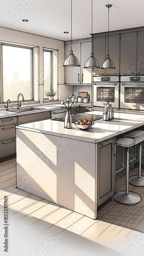 Sketch of a modern kitchen with island and pendant lights.