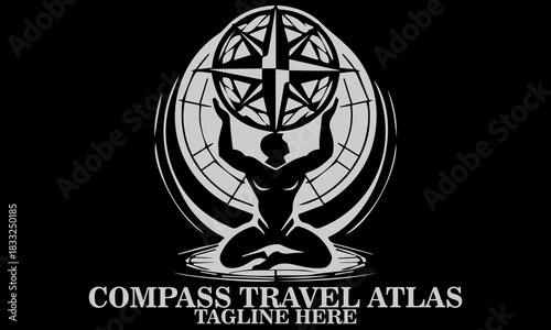 Compass travel atlas logo. Compass travel atlas vector illustration, vector of atlas kneeling and holding a compass rose or cardinal points symbol above his head