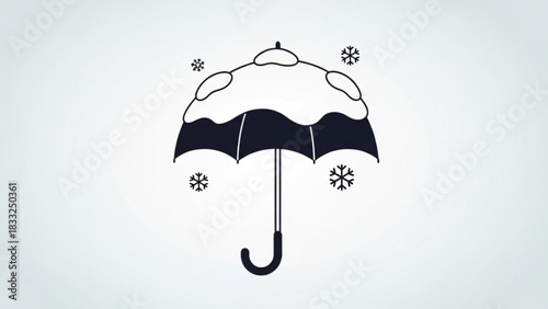 A simple dark silhouette of an open umbrella covered in snow with snowflakes falling around it on a light blue gradient background