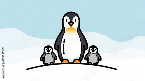 A charming cartoon illustration of a mother penguin standing proudly with her two adorable penguin chicks on a snowy landscape under a soft blue sky