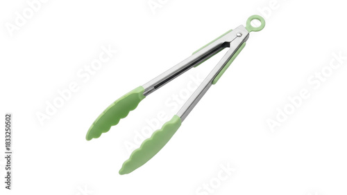 Canvas Print Isolated stainless steel cooking tongs with pale green silicone grips, on a clea