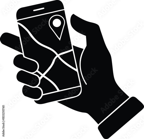 Hand holding phone with map icon